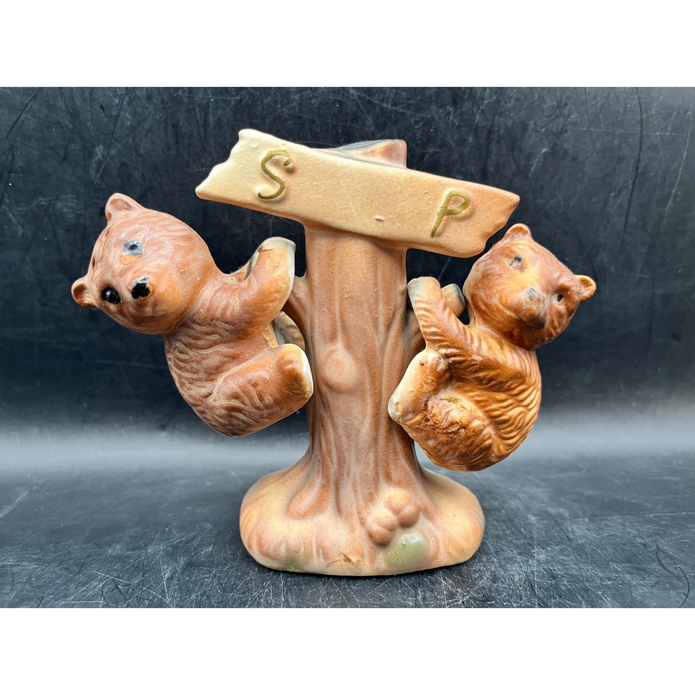 Vtg Japan Ceramic 3 Pc Bears Hanging On Tree Salt &‎ Pepper Shakers Decor 4.5"